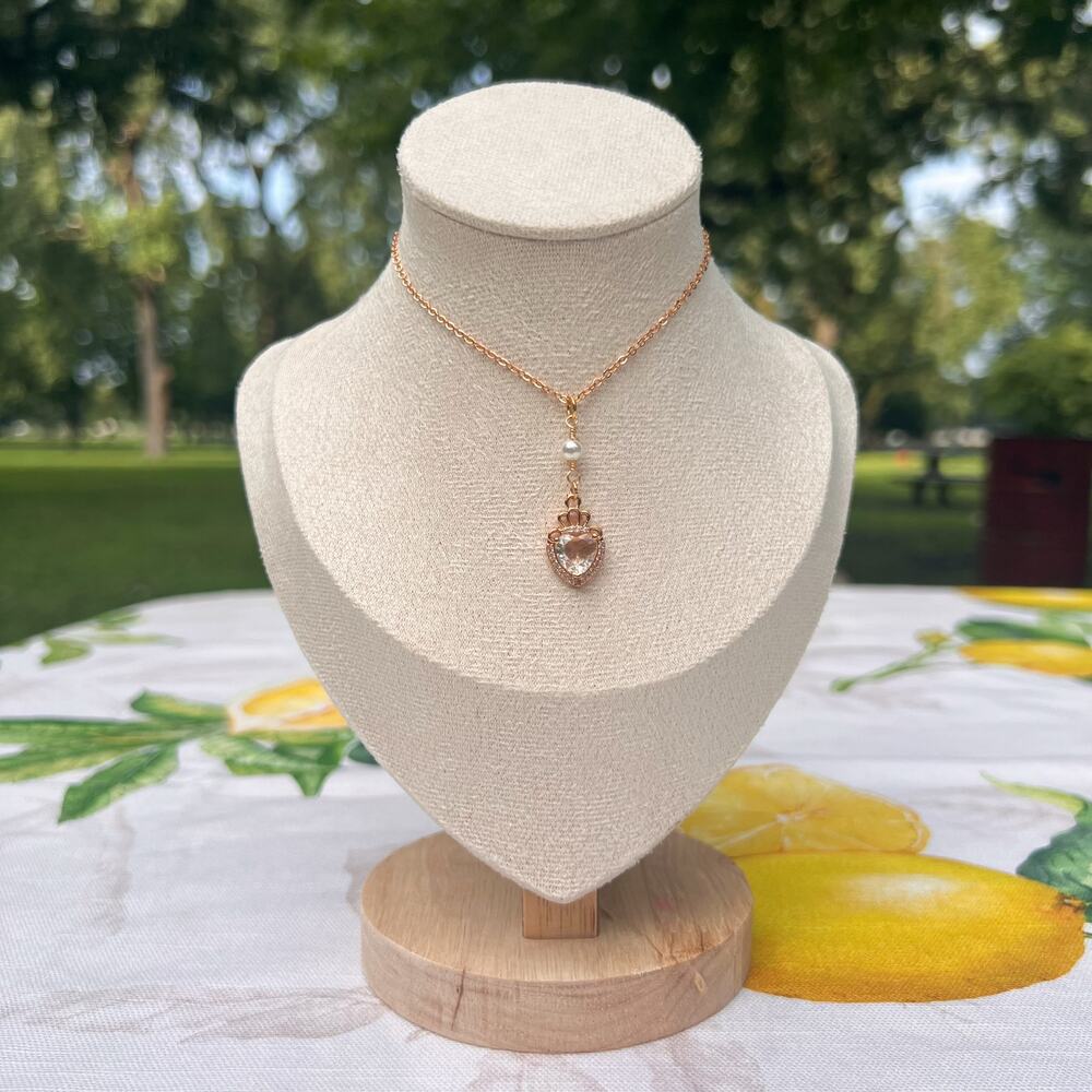 Diamond Crystal Glass Heart Crown Pearl Casual Cute Dainty Quartz Tone Necklace